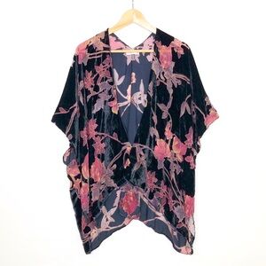 Neiman Marcus black sheer floral velvet detail kimono